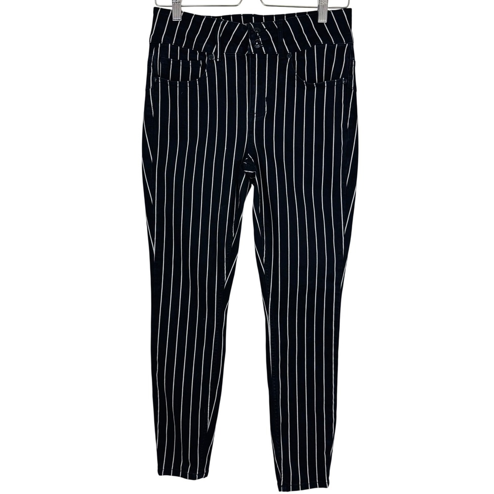 HT Denim Black White Pinstripe High Rise Super Skinny Jeans Goth Emo Beetlejuice